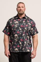 KAM Big & Tall Black Floral Skull Print Shirt | BadRhino 3