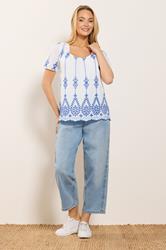 M&Co White & Blue Floral Broderie Cotton Short Sleeve Top | M&Co 1