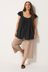 YOURS Plus Size Black Linen Cap Sleeve Top | Yours Clothing 1