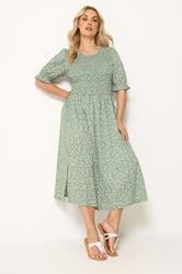 YOURS Plus Size Sage Green Shirred Ditsy Floral Dress | Yours Clothing 1