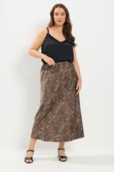 YOURS Plus Size Chocolate Brown Deer Print Satin Skirt | Yours Clothing 1