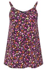 YOURS Plus Size Black & Pink Floral Ribbed Swing Vest Top | Yours Clothing 1
