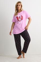YOURS Plus Size Pink 'Hot Stuff' Wide Leg Striped Pyjama Set | Yours Clothing 1