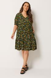YOURS Plus Size Black Floral Tiered Mini Smock Dress | Yours Clothing 1
