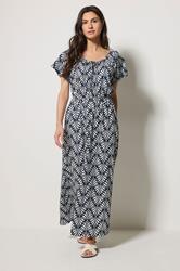 M&Co Navy Blue Leaf Print Tie Neck Cotton Maxi Dress | M&Co 3