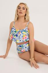 YOURS Plus Size Blue Mediterranean Tile Frill Bikini Top | Yours Clothing 3