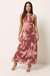 M&Co Petite Orange Floral Print Halter Neck Mesh Maxi Dress | M&Co 1