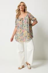 YOURS Plus Size Yellow Abstract Tie Neck Blouse | Yours Clothing 2