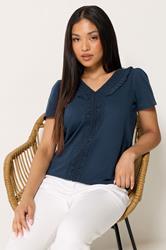 M&Co Petite Navy Blue Short Sleeve Frill Cotton Blouse | M&Co 3