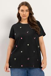 YOURS Plus Size Black Embroidery Blossom T-Shirt | Yours Clothing 3