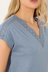 LTS Tall Women's Mid Blue Lace Cotton V-Neck T-Shirt | Long Tall Sally 4