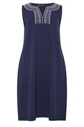 M&Co Navy Blue Embroidered Notch Neck Cotton Midi Dress | M&Co 5
