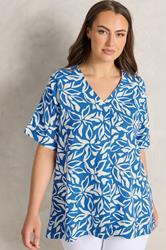 EVANS Plus Size Blue Leaf Print Premium Linen Front Pleat Top | Evans 3