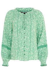 M&Co blusa verde con ribetes florales y cuello anudado