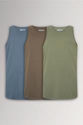 BadRhino Big & Tall 3 Pack Blue/Green/Brown Extra Long Plain Vest Top | BadRhino 3