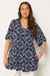 YOURS Plus Size Navy Blue Paisley Print Pleat Front Angel Sleeve Top 3