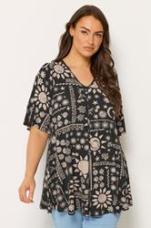 YOURS Plus Size Black Mixed Summer Print Pleat Front Angel Sleeve Top 3