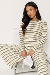 PixieGirl Petite Women's Set Brown Stripe Cotton Button Top & Wide Leg Trousers | PixieGirl 1