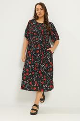 YOURS Plus Size Black Floral Puff Sleeve Shirred Dress  | Yours Clothing 3