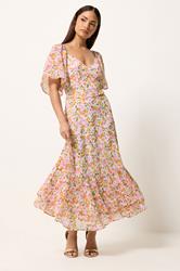 PixieGirl Petite Women's Pink Floral Chiffon Midi Dress | PixieGirl 1