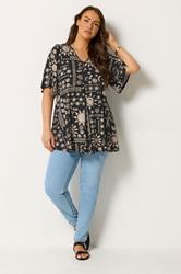 YOURS Plus Size Black Mixed Summer Print Pleat Front Angel Sleeve Top 1