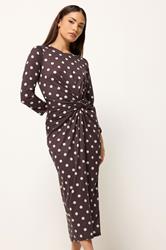 PixieGirl Petite Women's Chocolate Brown Polka Dot Twist Front Midi Dress | PixieGirl 1