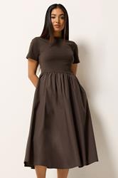 M&Co Petite Chocolate Brown Short Sleeve Cotton Midi Dress | M&Co 1
