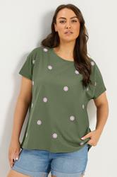 YOURS Plus Size Khaki Green Embroidered Daisy T-Shirt | Yours Clothing 3