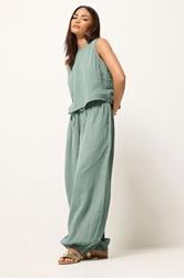 PixieGirl Petite Women's Set Sage Green Cotton Cheesecloth Top & Trousers | PixieGirl 1