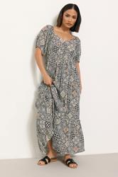 PixieGirl Petite Women's Black Tile Print Puff Sleeve Maxi Dress | PixieGirl 3