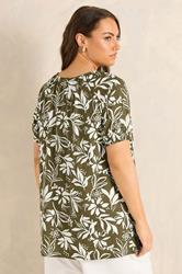 EVANS Plus Size Green Khaki Leaf Print Cotton Top | Evans 2