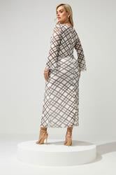 YOURS LONDON Plus Size Ivory White & Brown Checked Mesh Dress | Yours Clothing 2