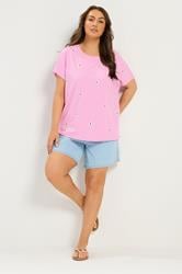 YOURS Plus Size Light Pink Embroidered Daisy T-Shirt | Yours Clothing 1