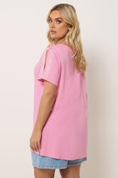 YOURS Plus Size Pink Embroidered Cold Shoulder T-Shirt | Yours Clothing 2