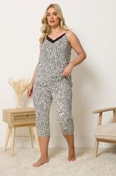 YOURS Plus Size Ivory White Leopard Soft Touch Cropped Pyjama Set | Yours Clothing 1