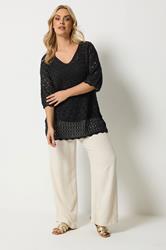 YOURS Plus Size Black Crochet Crew Neck Top | Yours Clothing 1