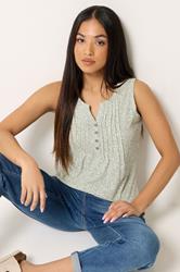 M&Co Petite Sage Green Ditsy Floral Print Sleeveless Cotton Henley Top | M&Co 3
