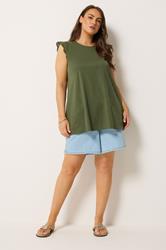 YOURS Plus Size Khaki Green Broderie Frill Vest Top | Yours Clothing 2