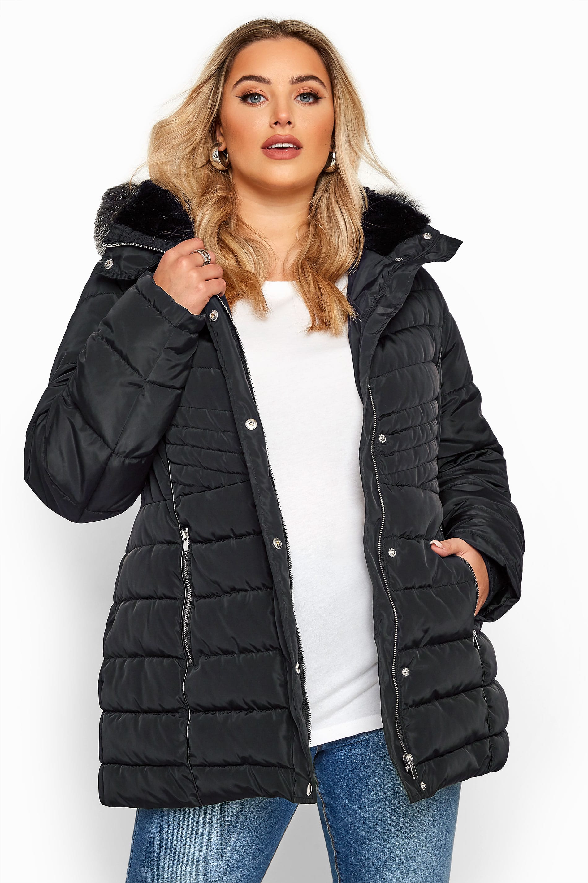 Black Panelled Puffer Coat | Yours Clothing