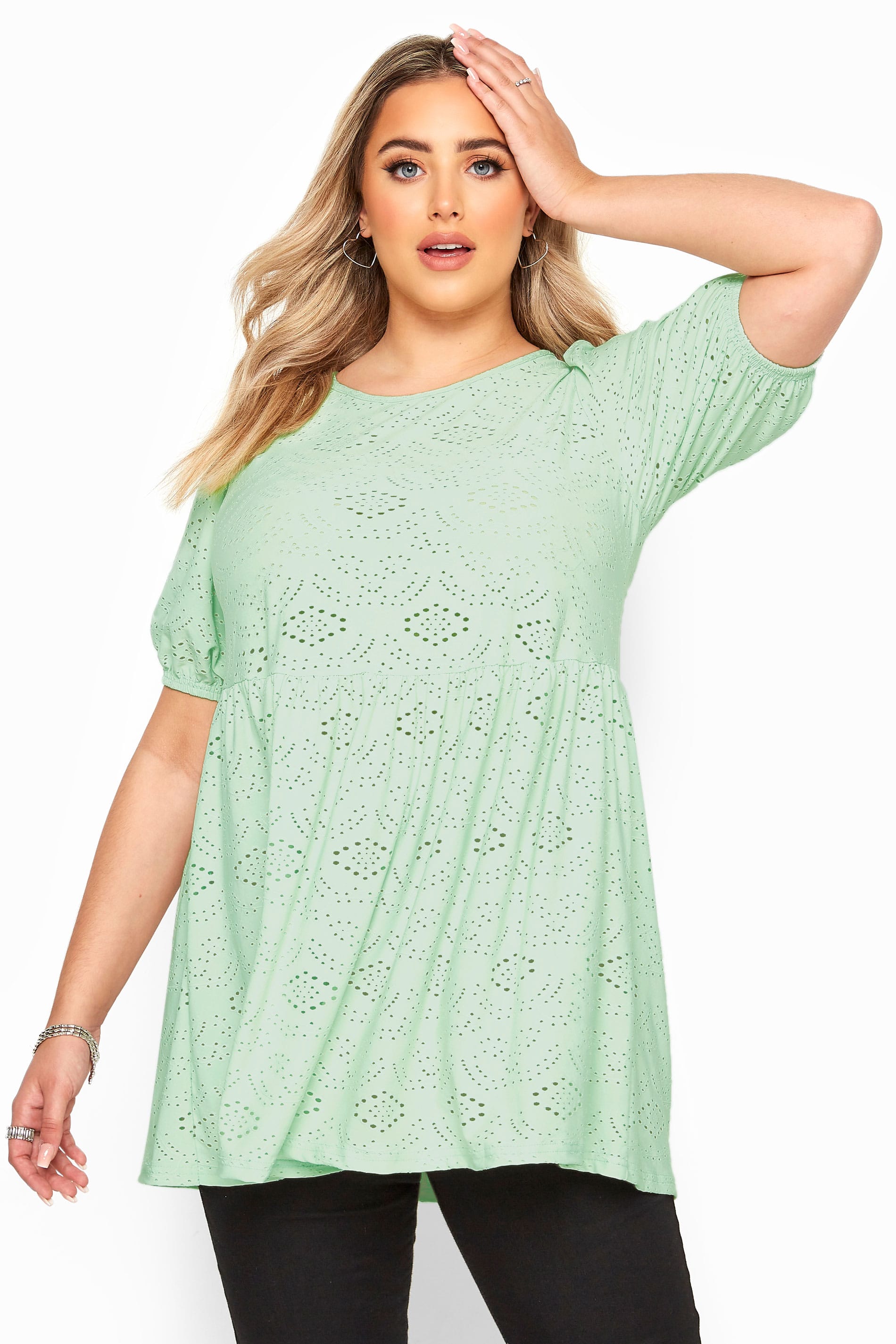 Mint Green Broderie Anglaise Puff Sleeve Smock Top | Yours Clothing