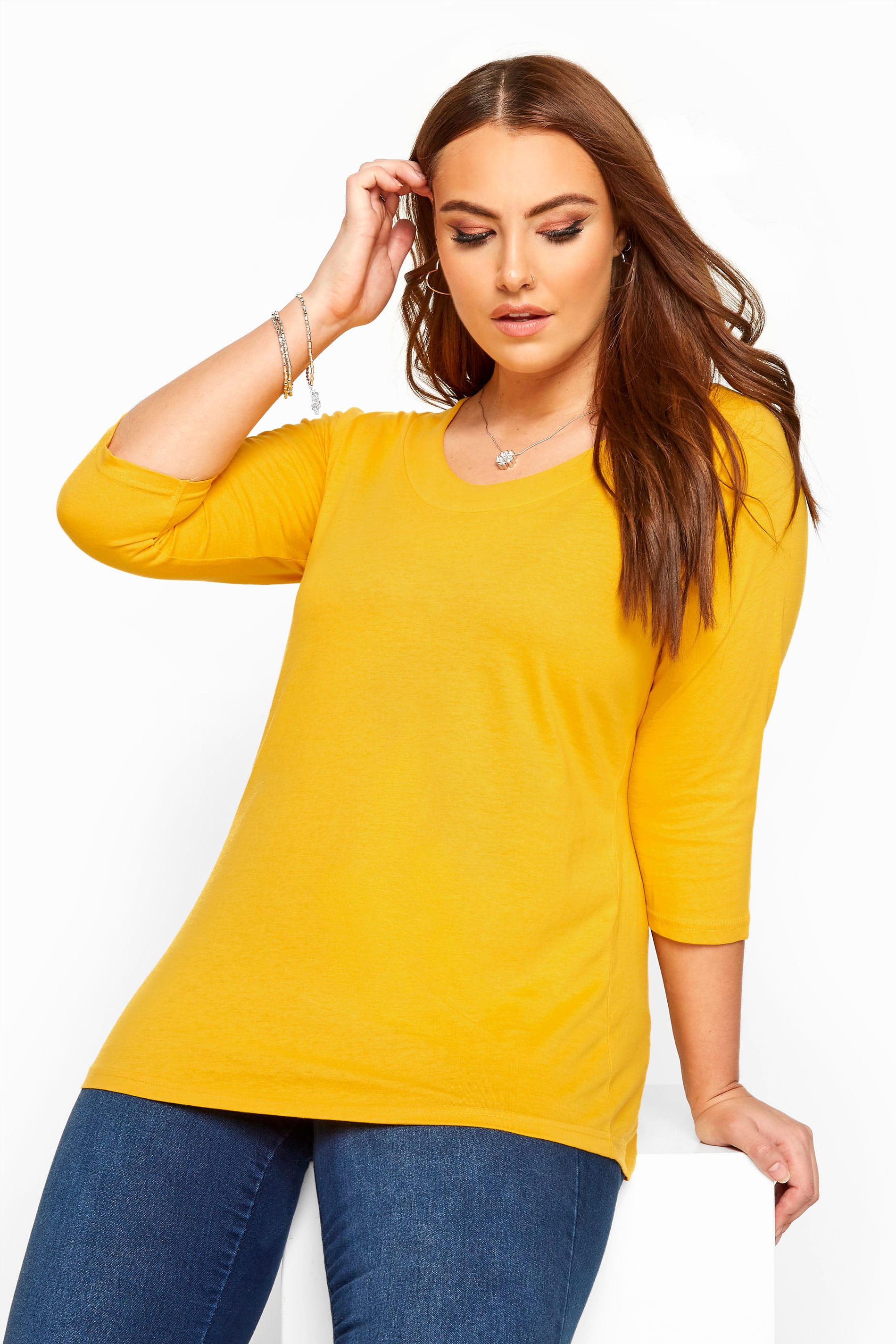 Mustard 3/4 Length Sleeve Jersey Top | Sizes 16-36 | Yours Clothing