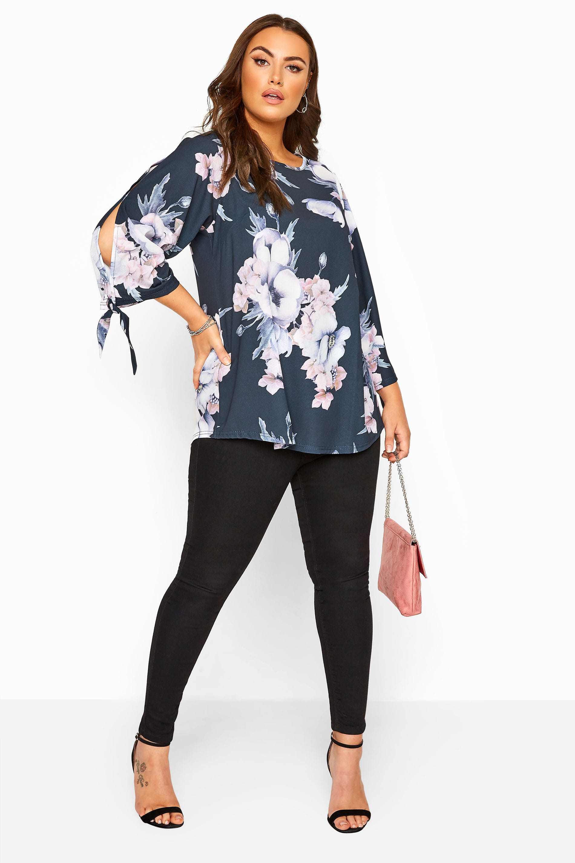 YOURS LONDON Navy Floral Split Sleeve Top | Yours Clothing