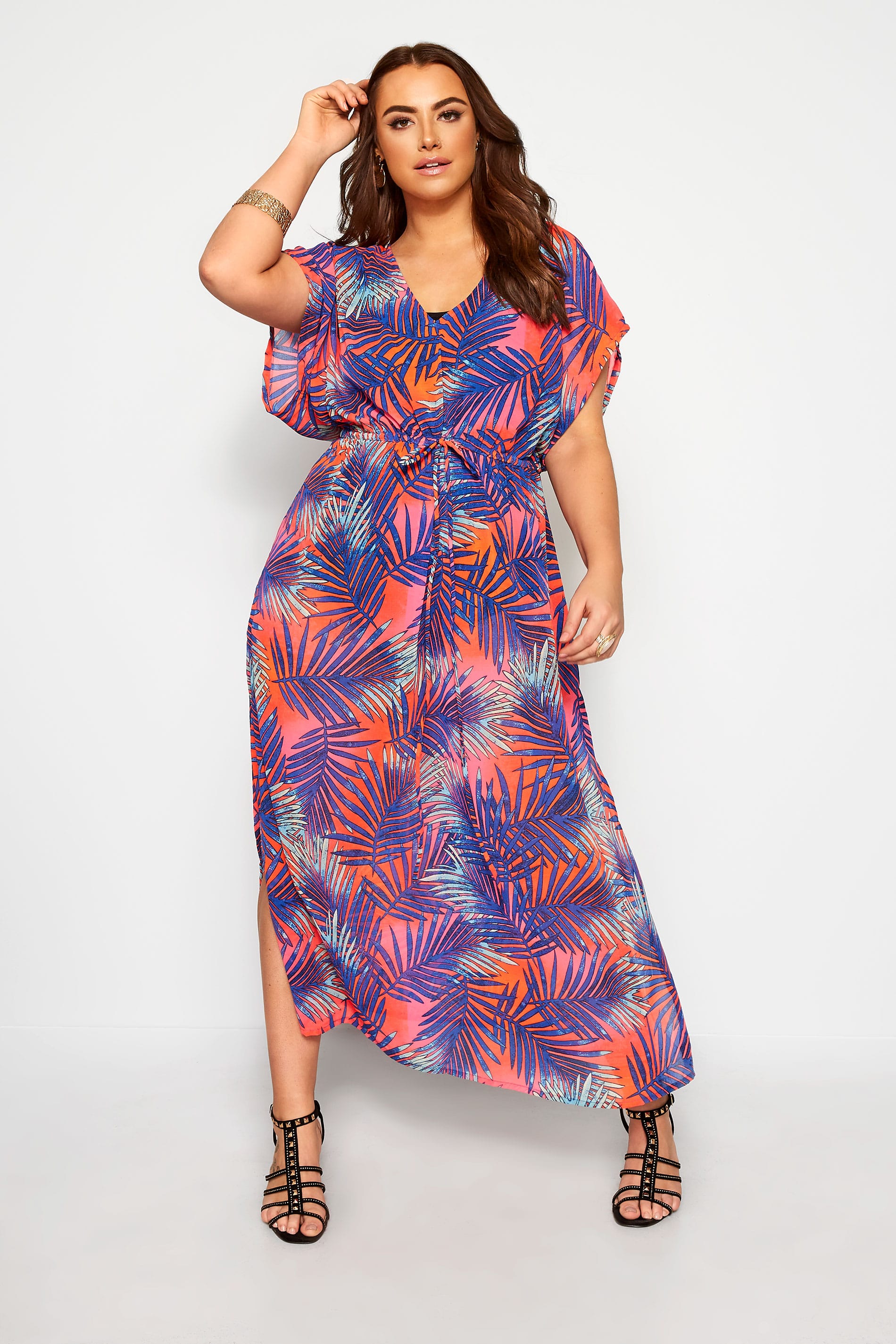 Neon Mulitcoloured Tropical Leaf Maxi Cover Up | Yours Clothing