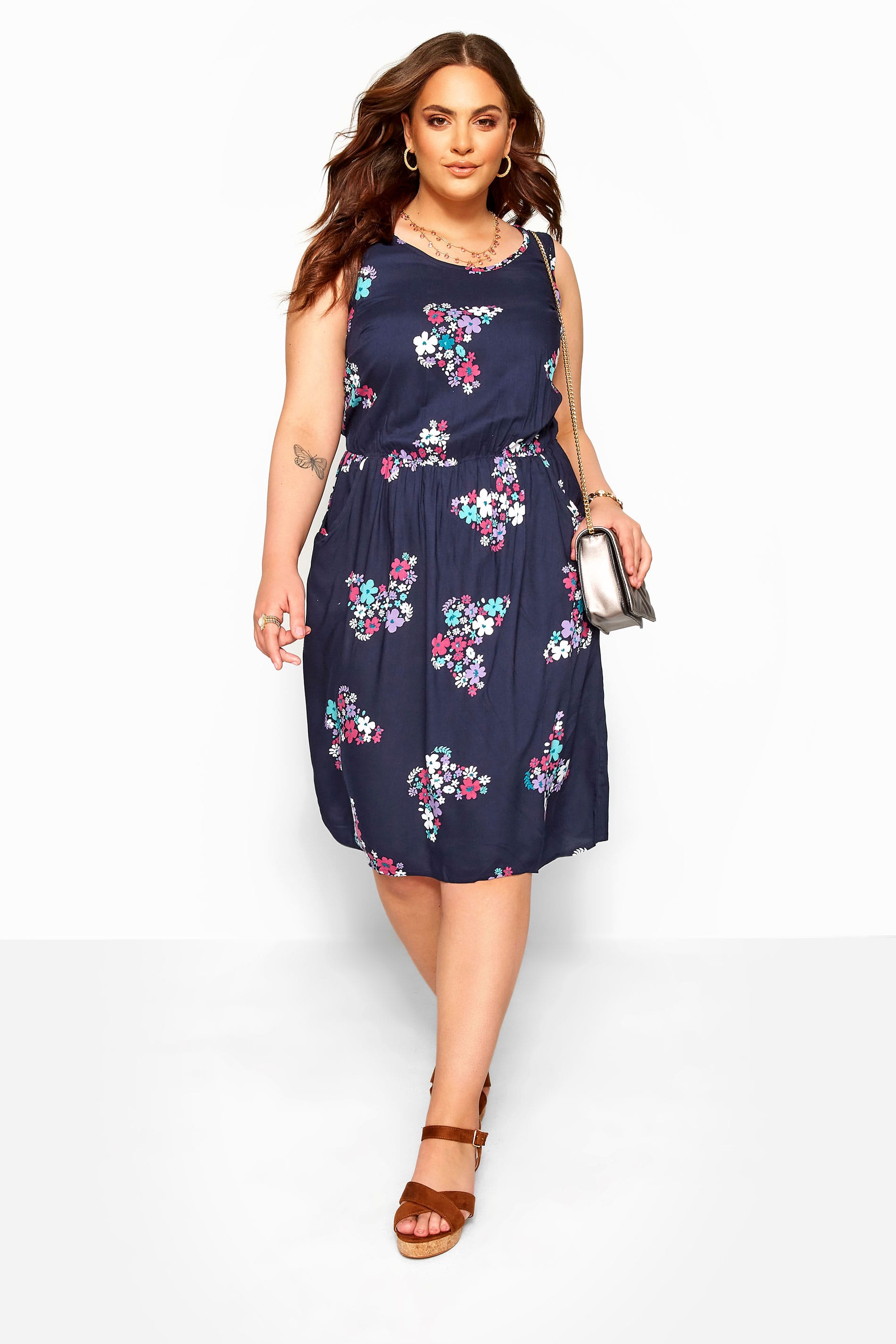 Navy Butterfly Print Pocket Skater Dress | Yours Clothing