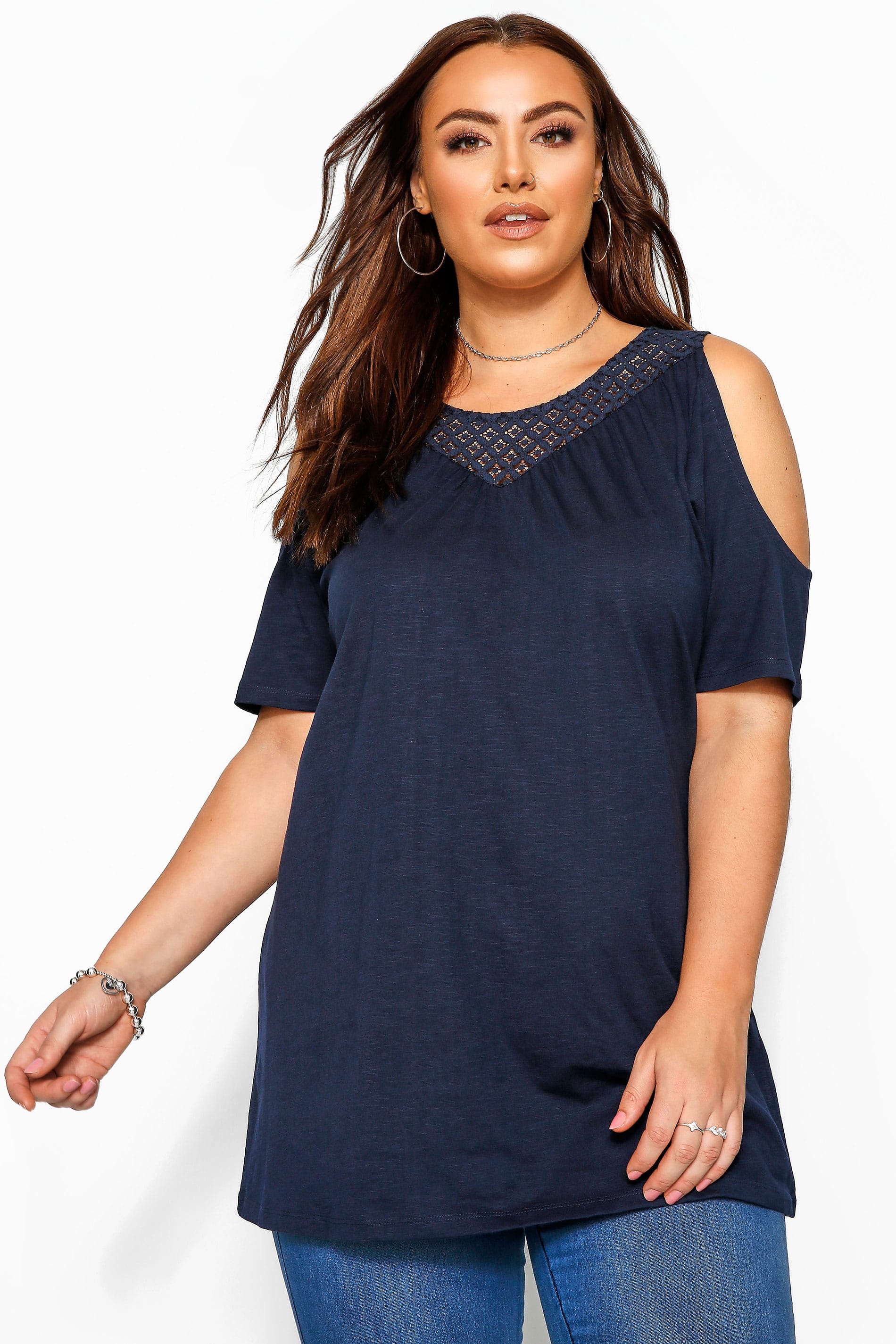 Navy Cold Shoulder Crochet Lace Top | Yours Clothing