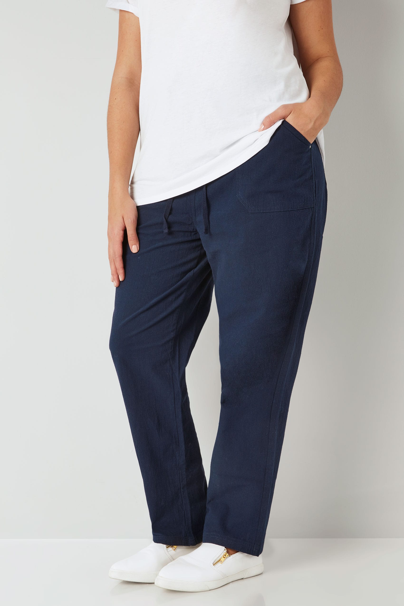 Navy Cool Cotton Pull On Wide Leg Trousers With Pockets plus size 16 to 36