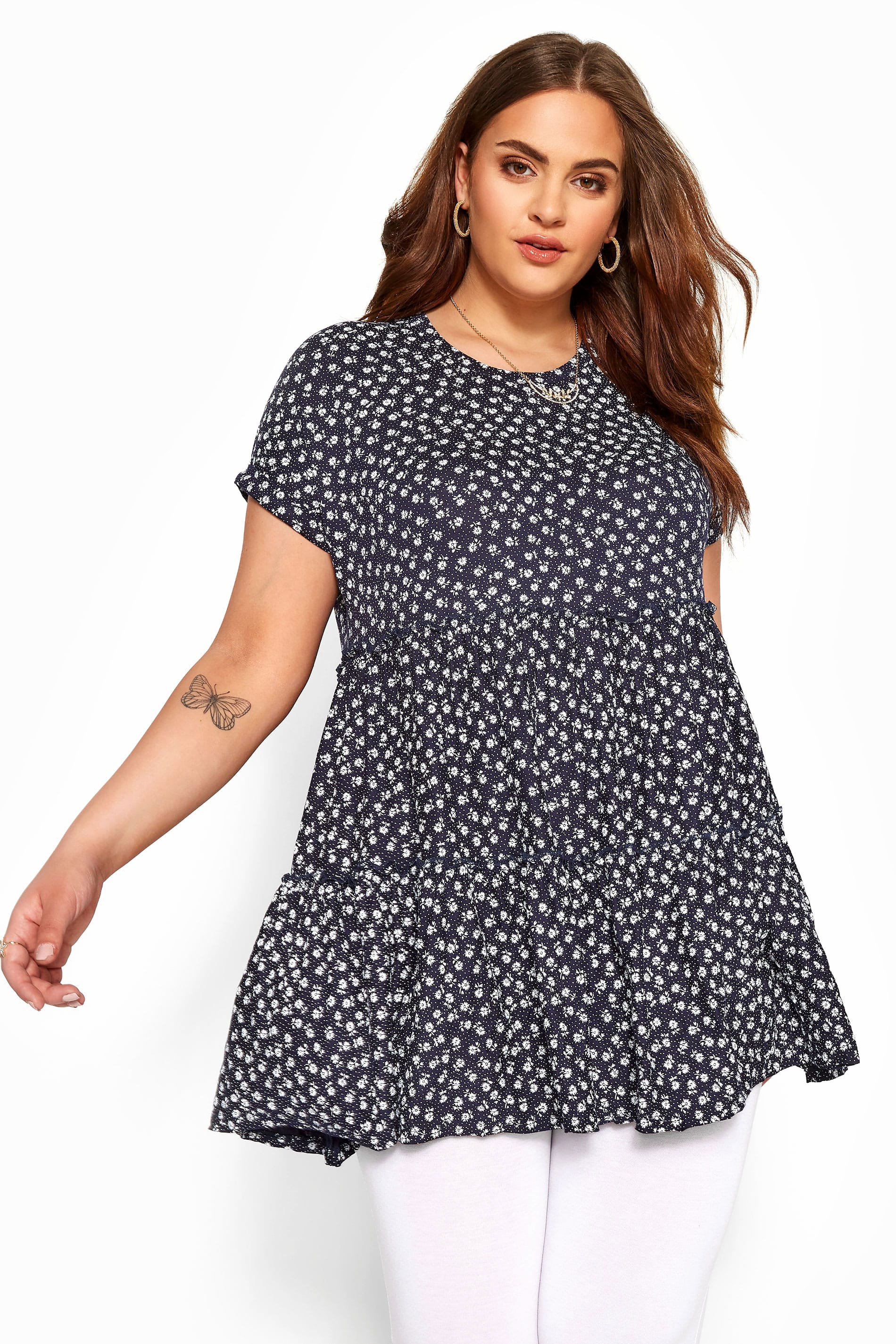 Navy Ditsy Floral Peplum Smock Tunic | Yours Clothing