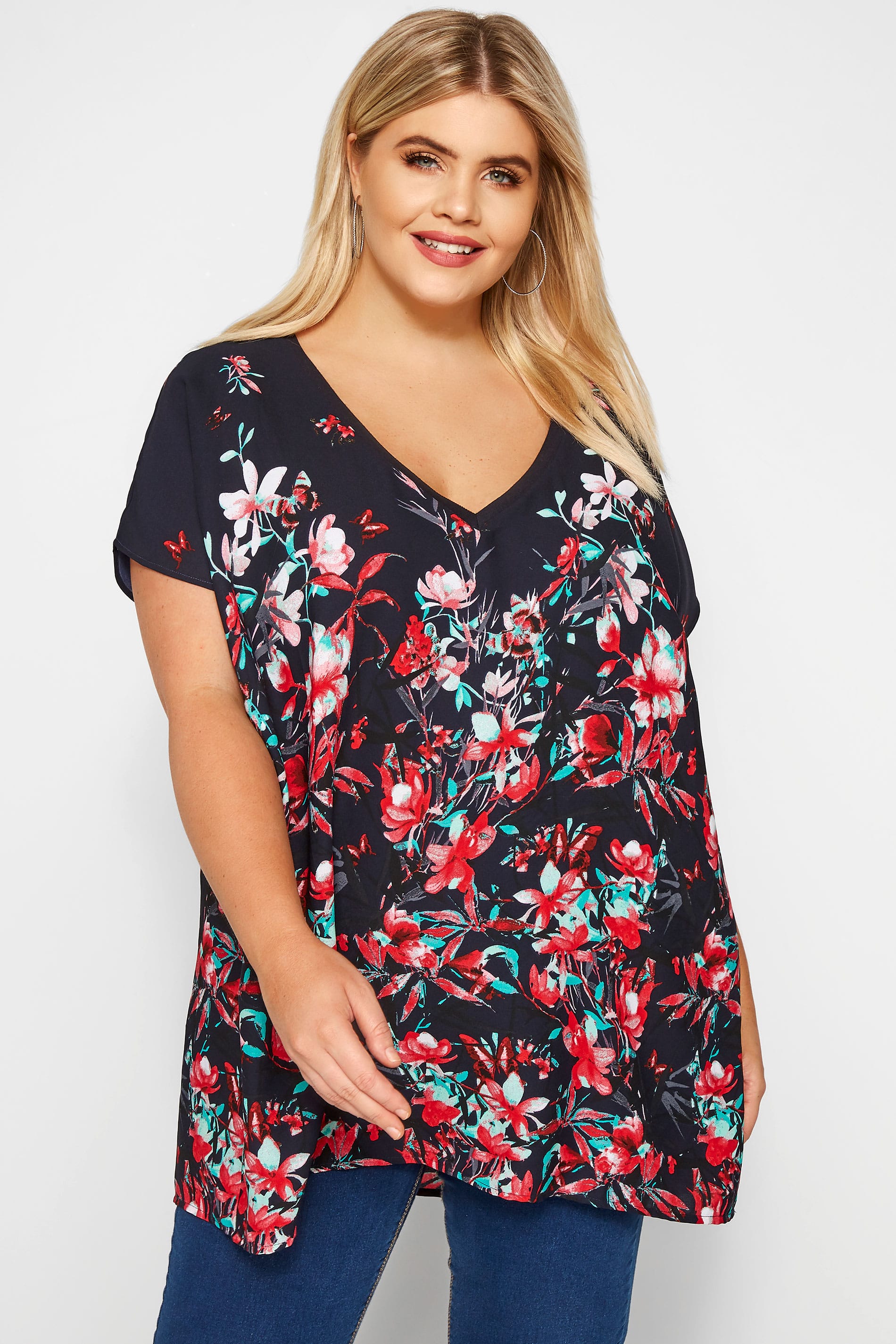 Navy Floral Chiffon Cape Top | Sizes 16-36 | Yours Clothing