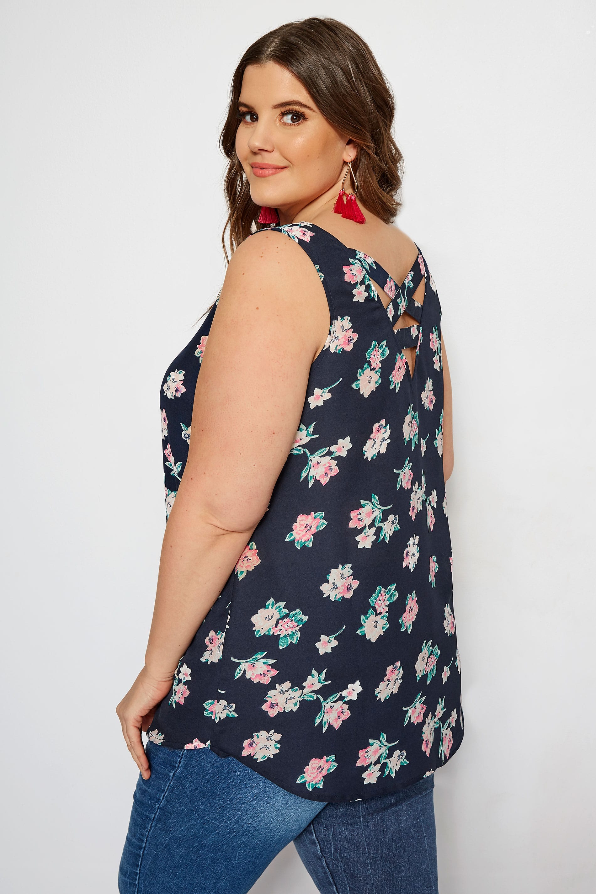 Plus Size Navy Floral Cross Back Cami | Sizes 16 to 36 | Yours Clothing