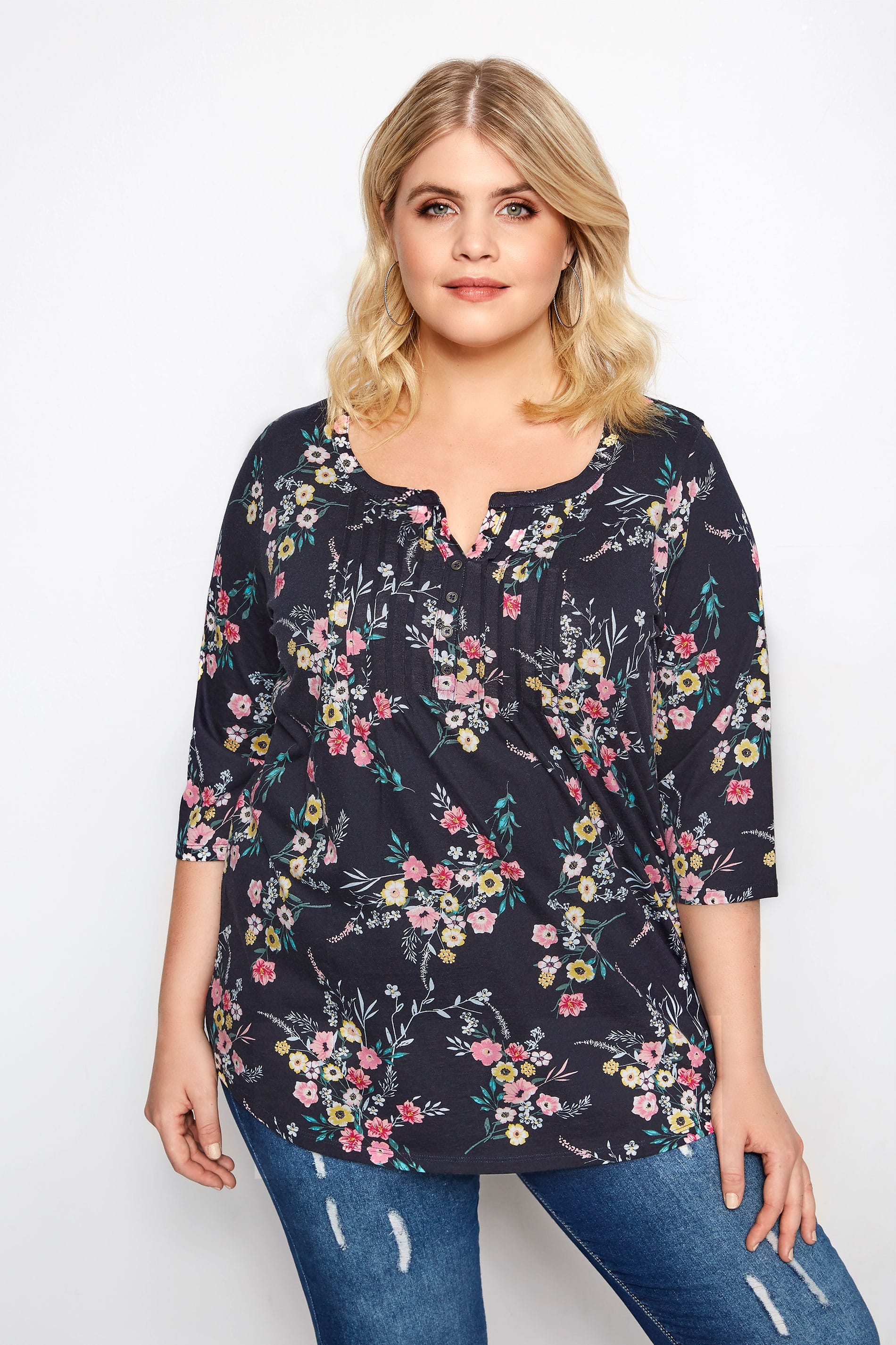 Plus Size Navy Floral Pintuck Jersey Top | Sizes 16 to 36 | Yours Clothing